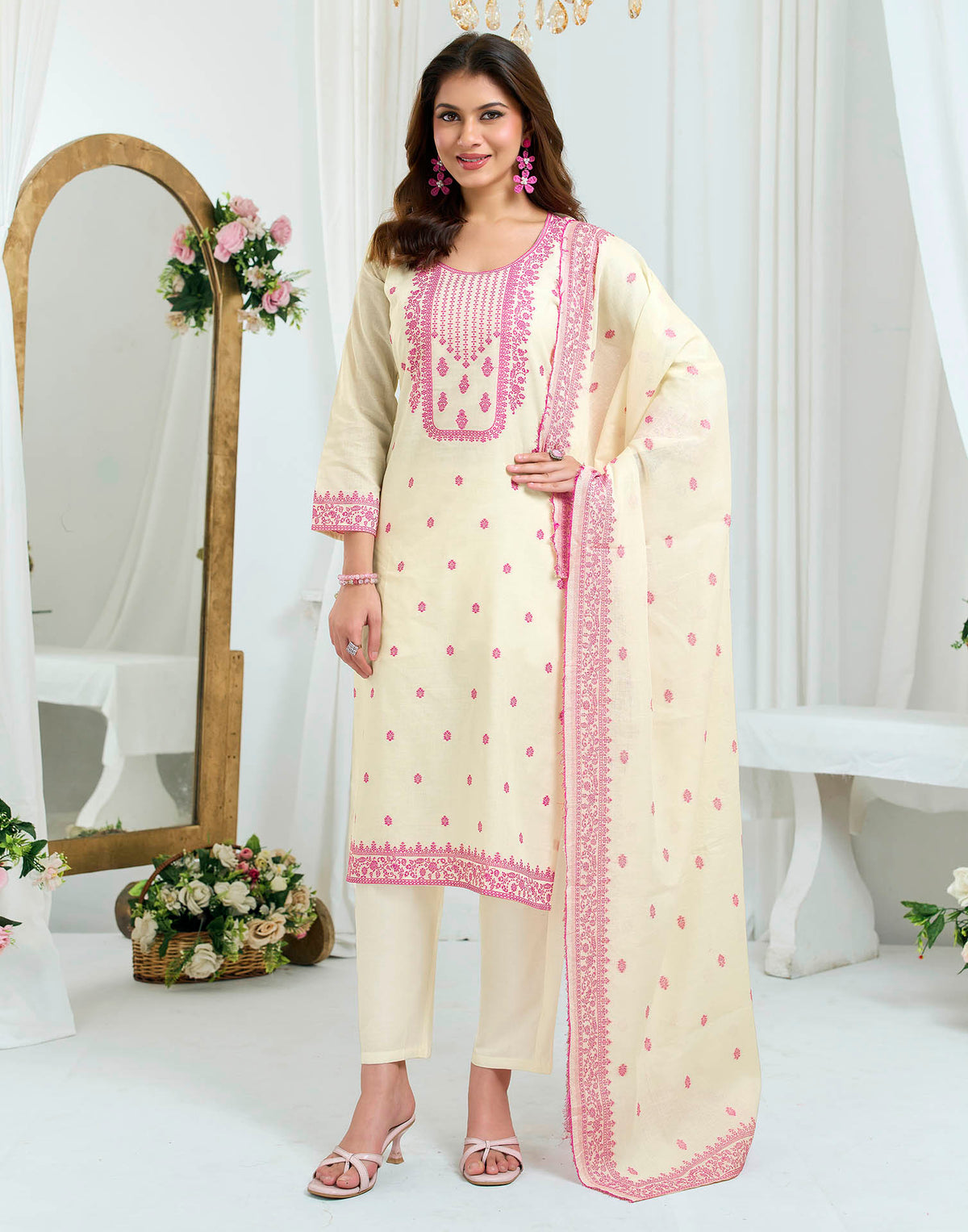 Off White Pure Cotton Woven Straight Kurta Set With Dupatta