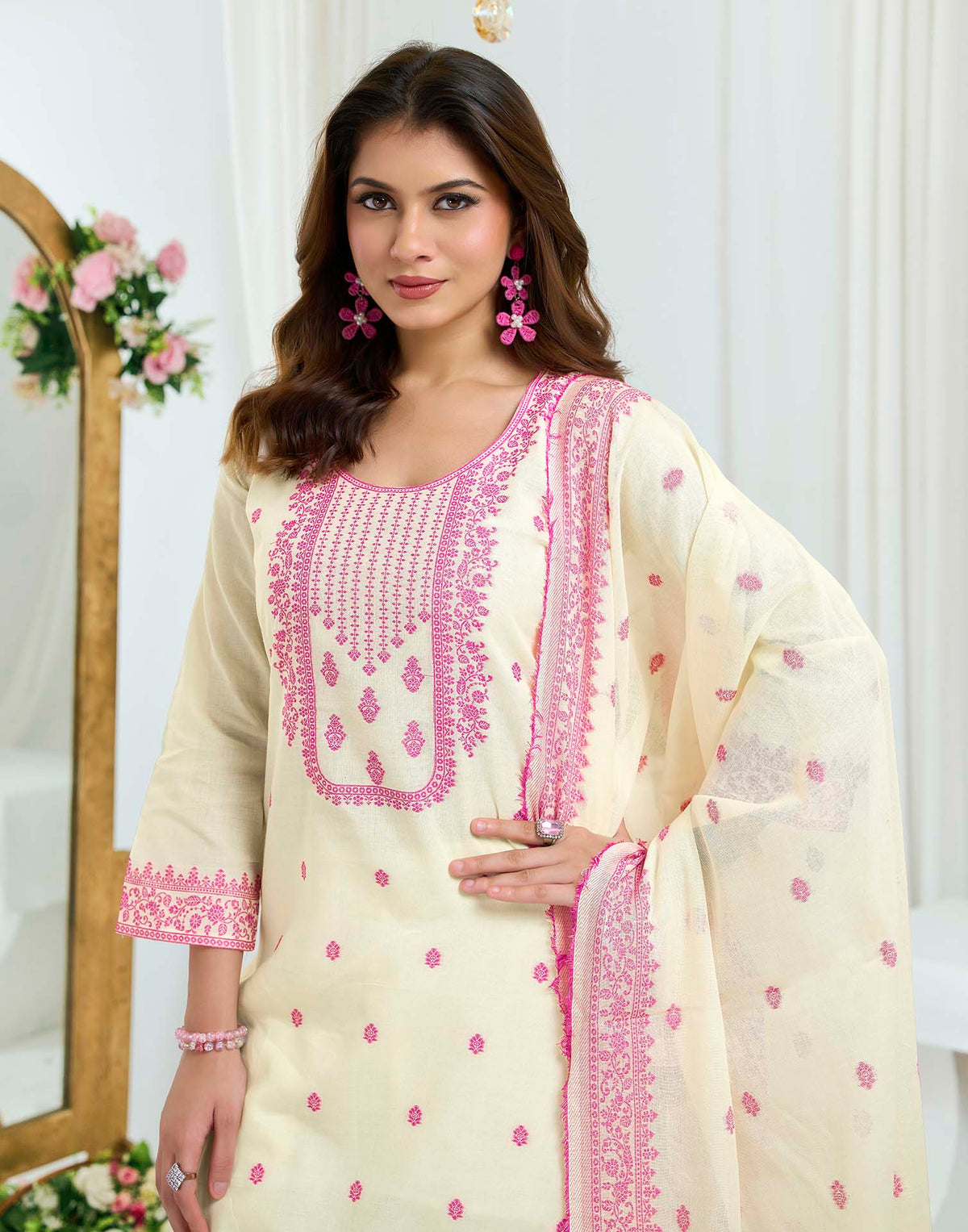 Off White Pure Cotton Woven Straight Kurta Set With Dupatta
