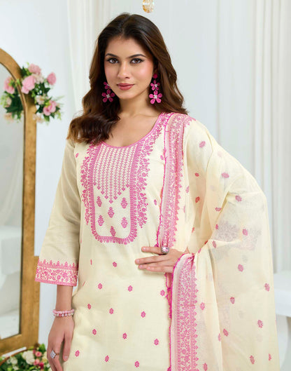 Off White Pure Cotton Woven Straight Kurta Set With Dupatta