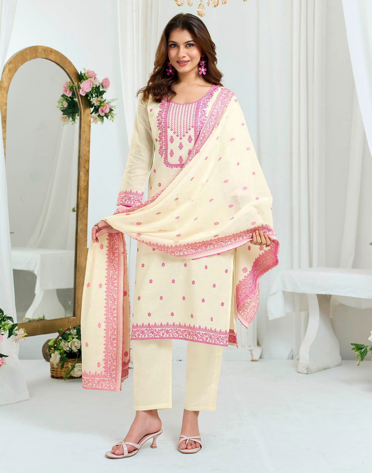 Off White Pure Cotton Woven Straight Kurta Set With Dupatta