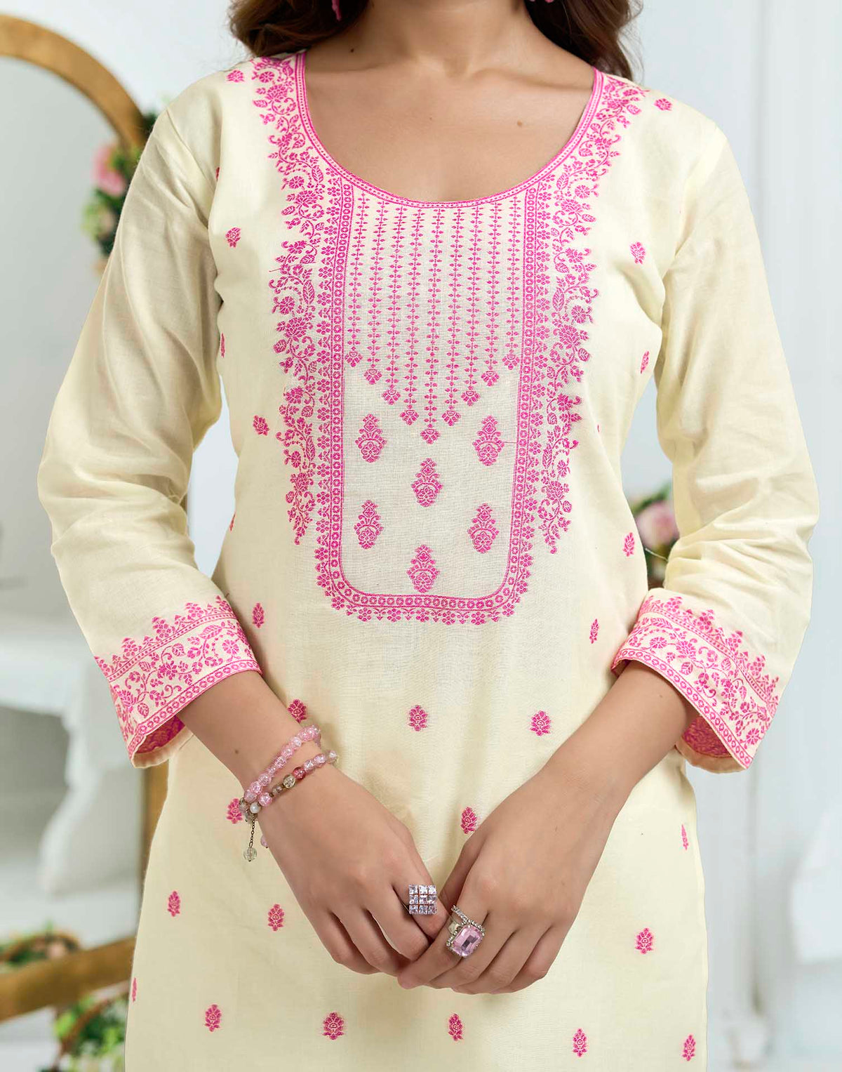 Off White Pure Cotton Woven Straight Kurta Set With Dupatta