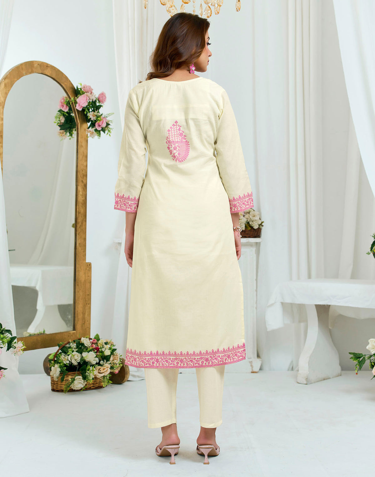 Off White Pure Cotton Woven Straight Kurta Set With Dupatta