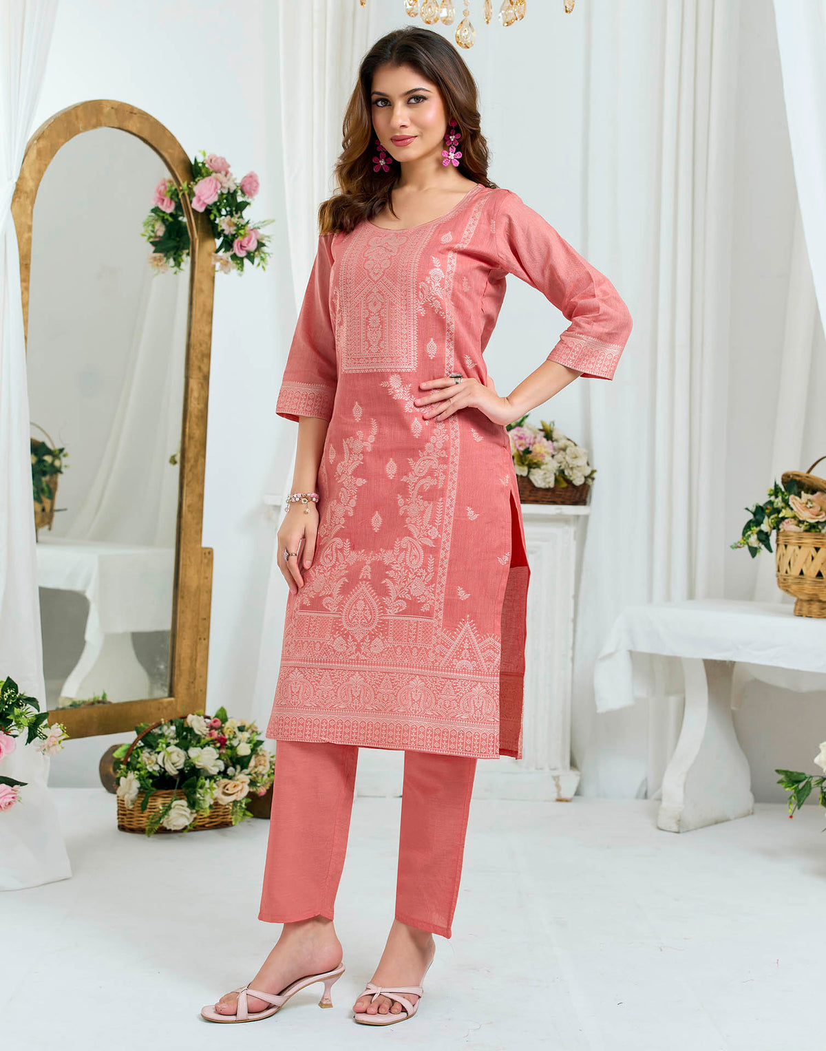 Peach Pure Cotton Woven Straight Kurta Set With Dupatta