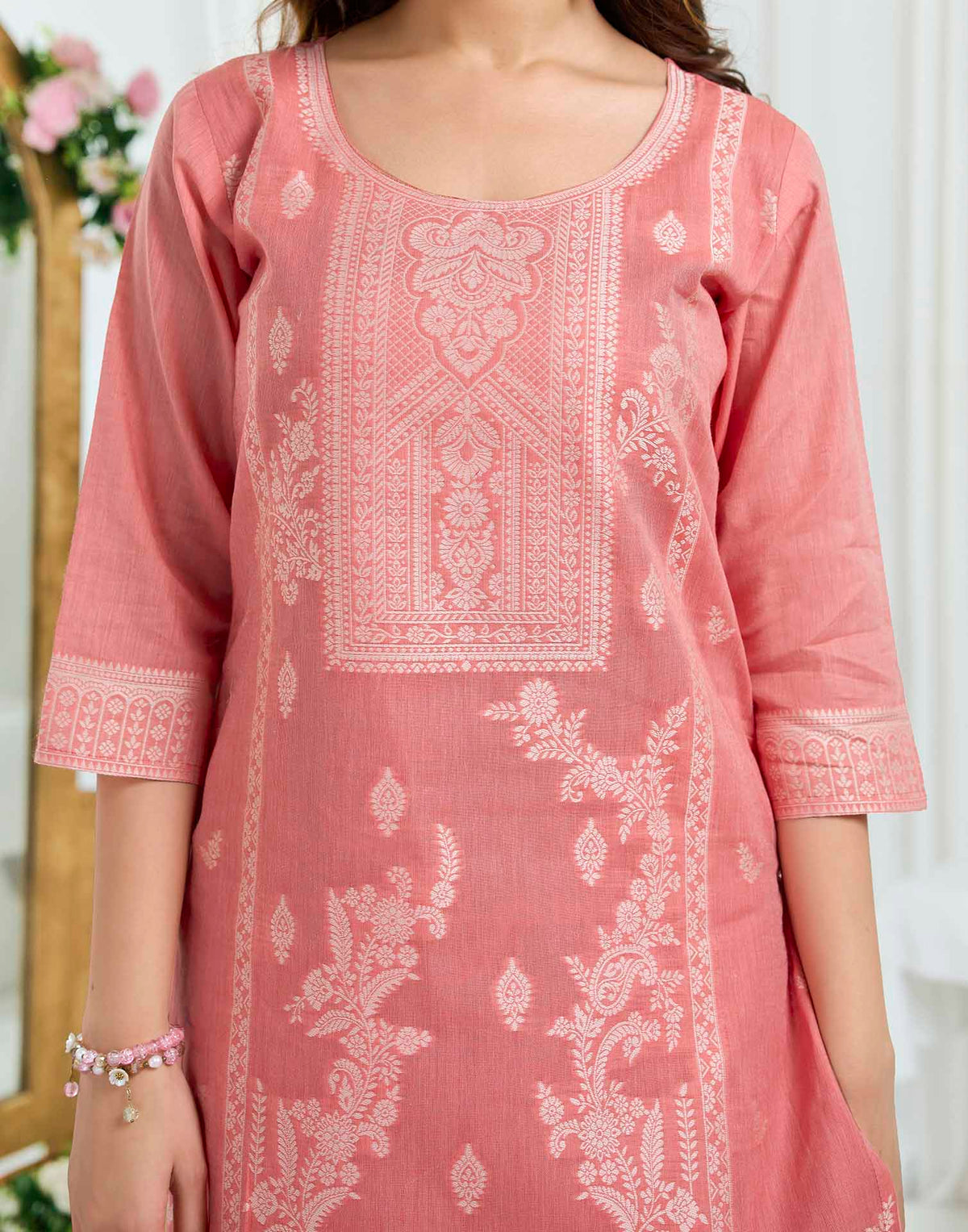 Peach Pure Cotton Woven Straight Kurta Set With Dupatta