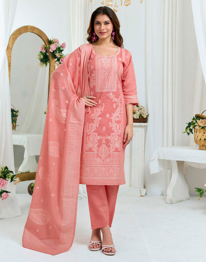 Peach Pure Cotton Woven Straight Kurta Set With Dupatta