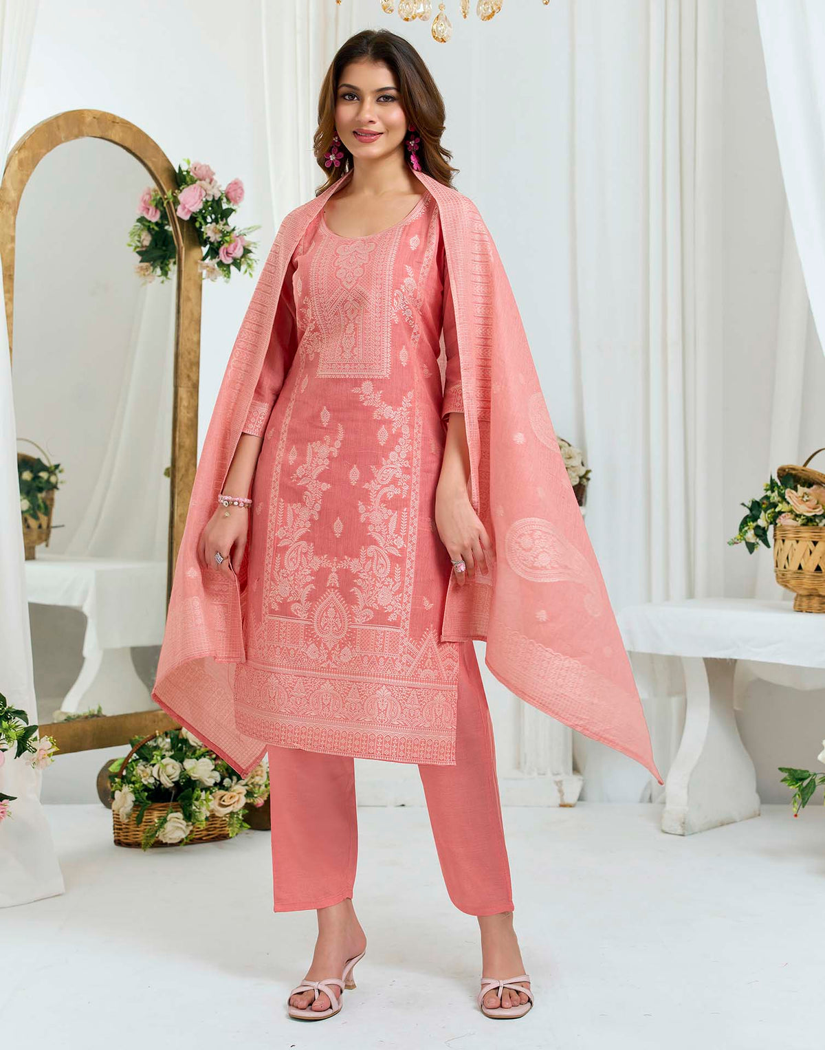 Peach Pure Cotton Woven Straight Kurta Set With Dupatta