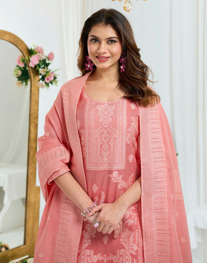 Peach Pure Cotton Woven Straight Kurta Set With Dupatta