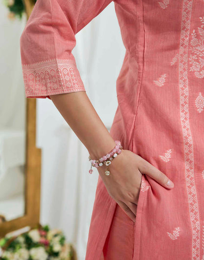 Peach Pure Cotton Woven Straight Kurta Set With Dupatta