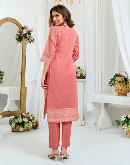 Peach Pure Cotton Woven Straight Kurta Set With Dupatta