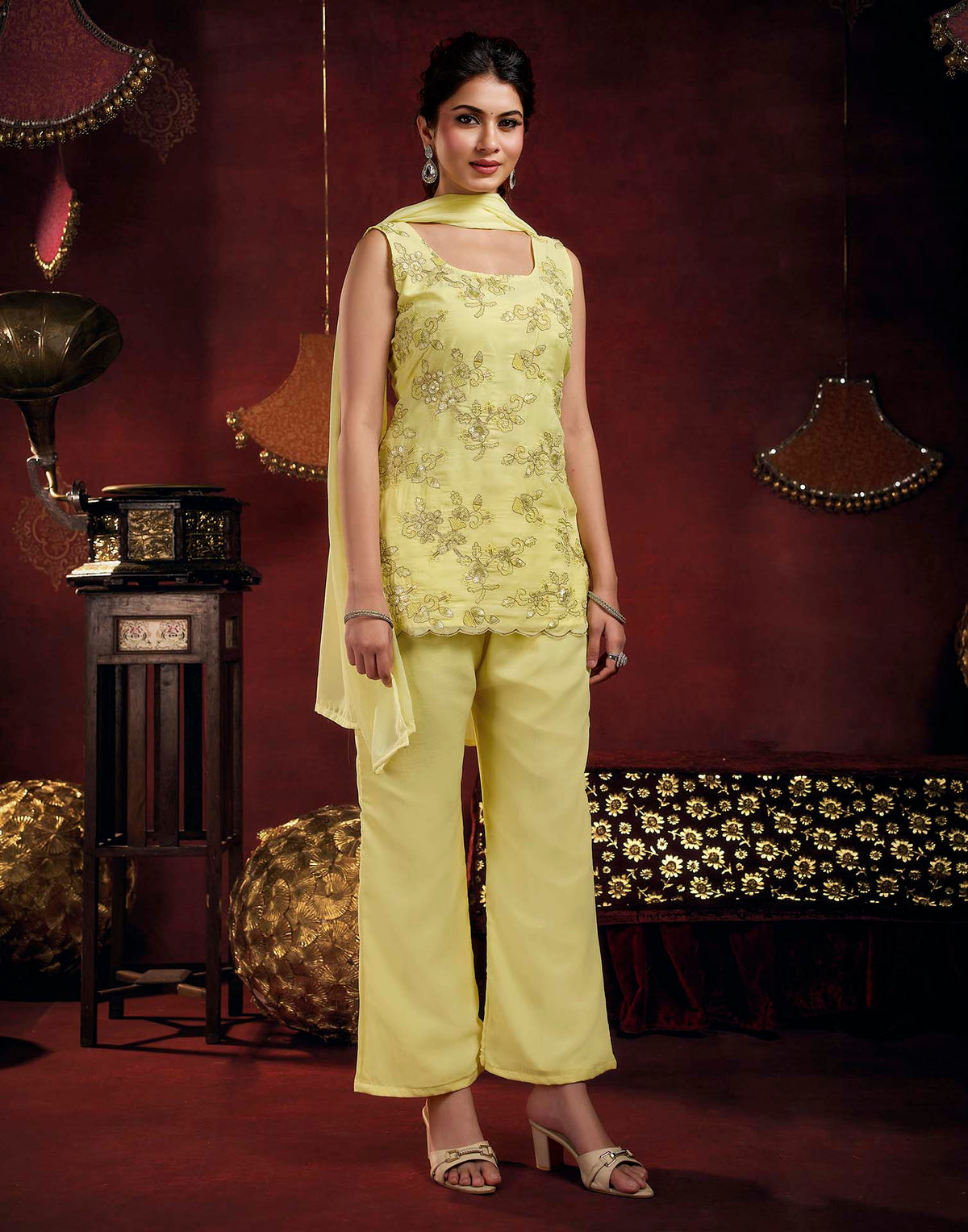 Light Yellow Faux Georgette Floral Embroidery Straight Kurta Set With Dupatta