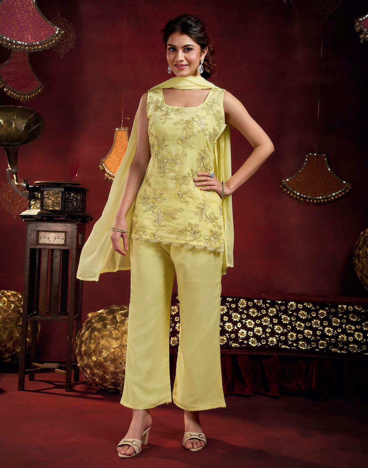 Light Yellow Faux Georgette Floral Embroidery Straight Kurta Set With Dupatta