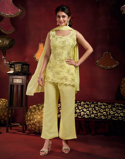 Light Yellow Faux Georgette Floral Embroidery Straight Kurta Set With Dupatta