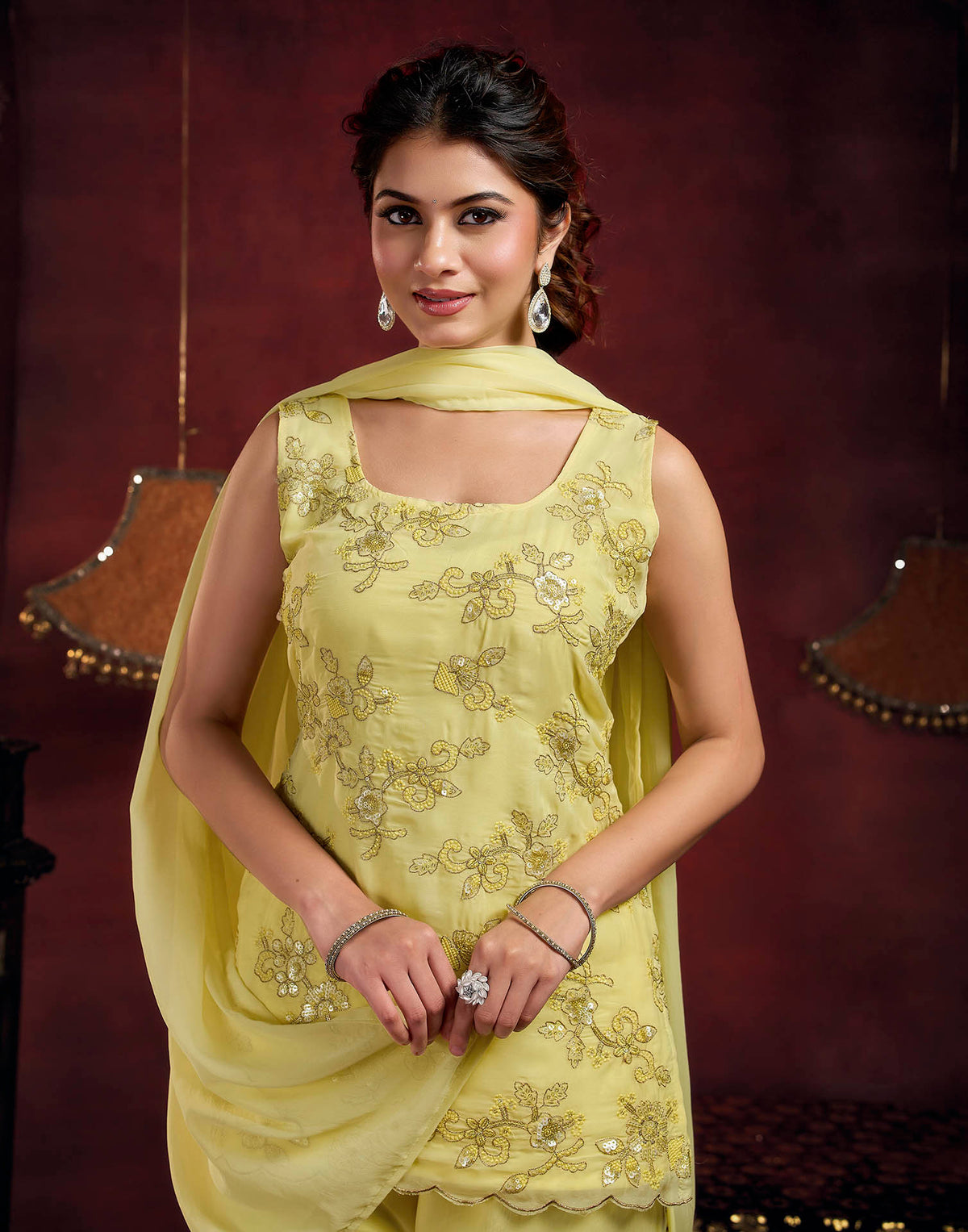 Light Yellow Faux Georgette Floral Embroidery Straight Kurta Set With Dupatta
