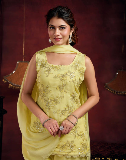 Light Yellow Faux Georgette Floral Embroidery Straight Kurta Set With Dupatta