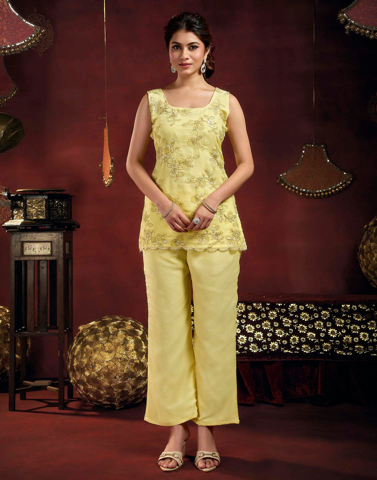Light Yellow Faux Georgette Floral Embroidery Straight Kurta Set With Dupatta