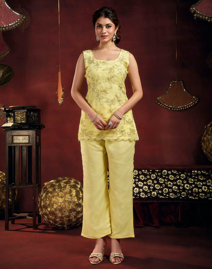Light Yellow Faux Georgette Floral Embroidery Straight Kurta Set With Dupatta