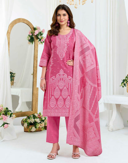 Rose Pink Pure Cotton Woven Straight Kurta Set With Dupatta