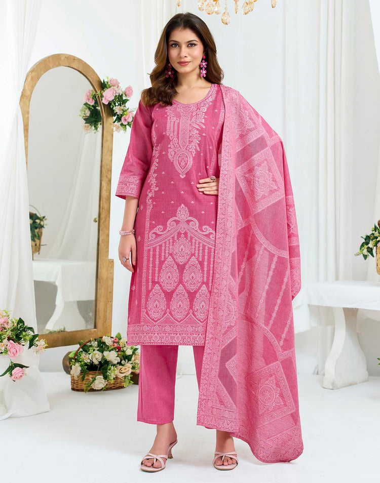 Rose Pink Pure Cotton Woven Straight Kurta Set With Dupatta