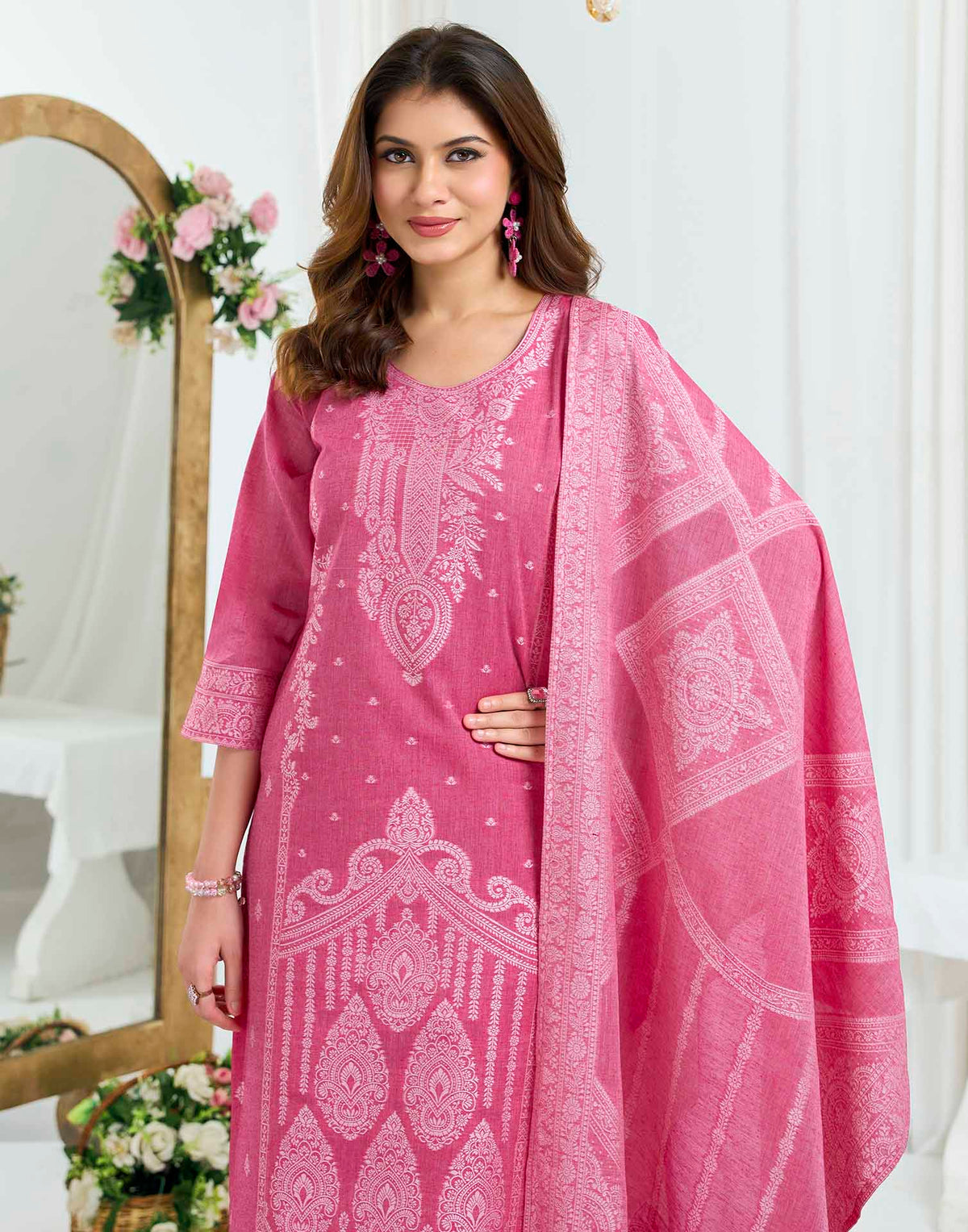 Rose Pink Pure Cotton Woven Straight Kurta Set With Dupatta