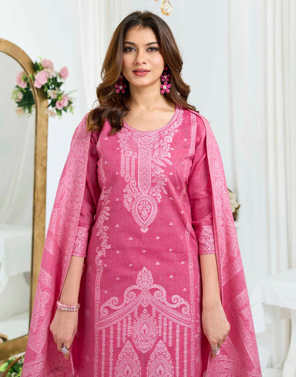 Rose Pink Pure Cotton Woven Straight Kurta Set With Dupatta
