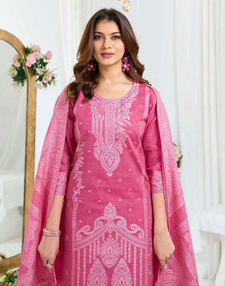 Rose Pink Pure Cotton Woven Straight Kurta Set With Dupatta