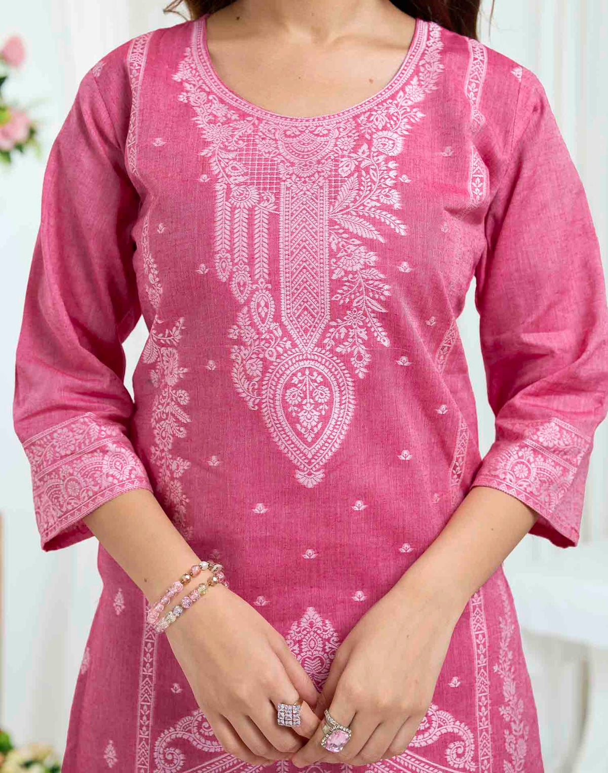 Rose Pink Pure Cotton Woven Straight Kurta Set With Dupatta