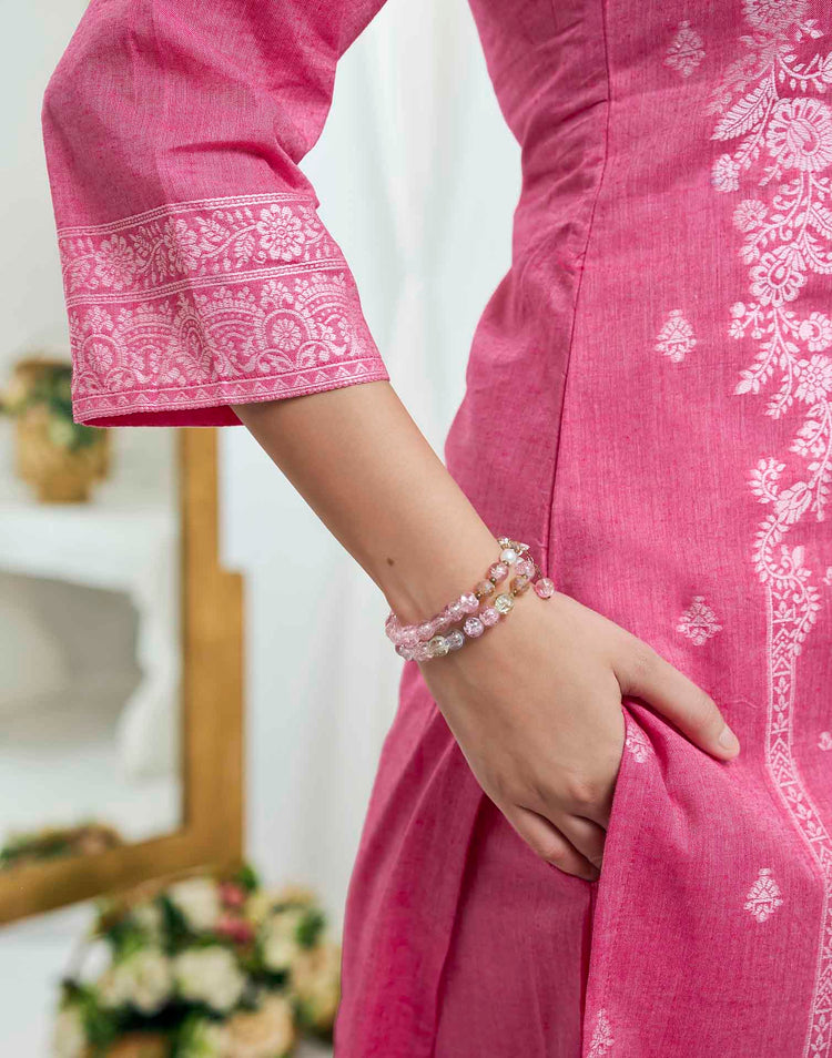 Rose Pink Pure Cotton Woven Straight Kurta Set With Dupatta