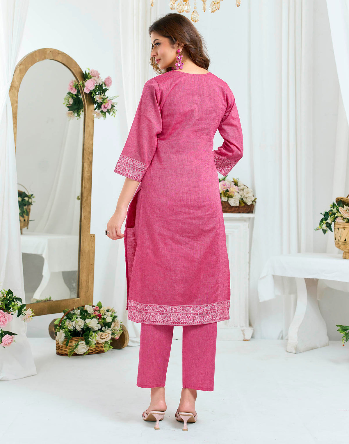Rose Pink Pure Cotton Woven Straight Kurta Set With Dupatta