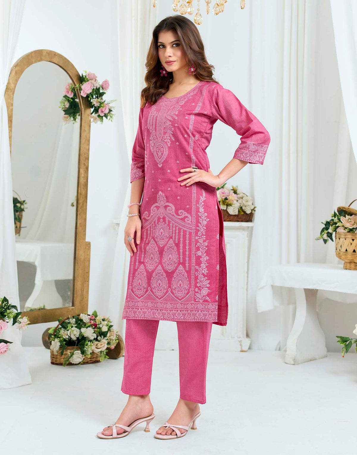 Rose Pink Pure Cotton Woven Straight Kurta Set With Dupatta