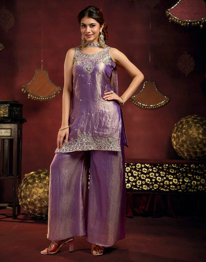 Dusty Purple Fendy Satin Beads Embroidery Flared Sharara Kurta Set With Dupatta