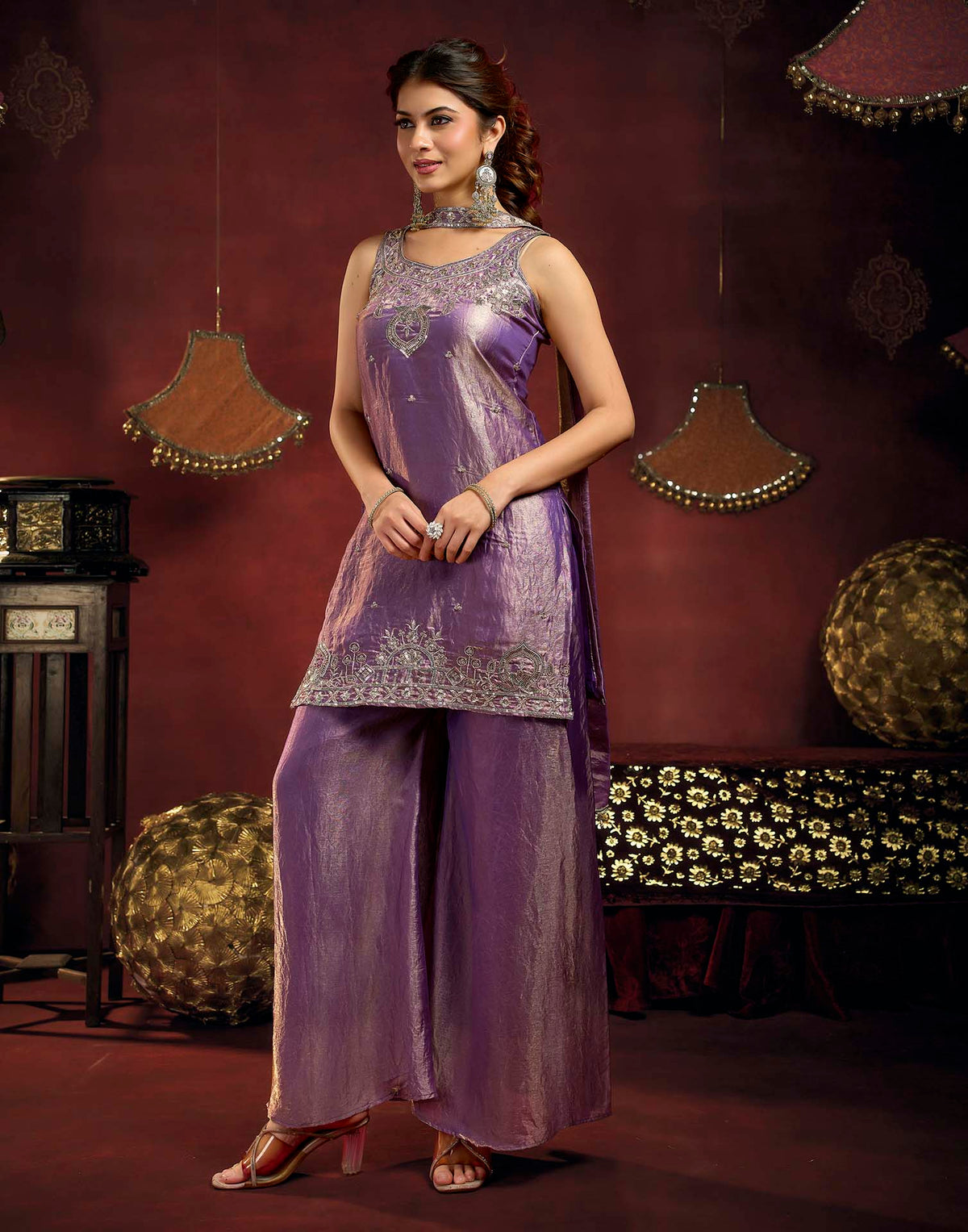 Dusty Purple Fendy Satin Beads Embroidery Flared Sharara Kurta Set With Dupatta