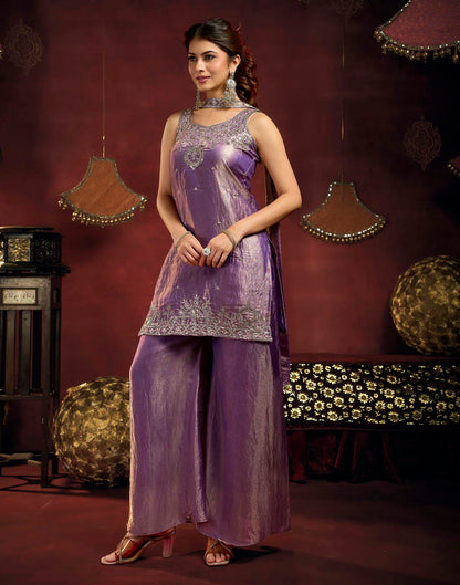Dusty Purple Fendy Satin Beads Embroidery Flared Sharara Kurta Set With Dupatta