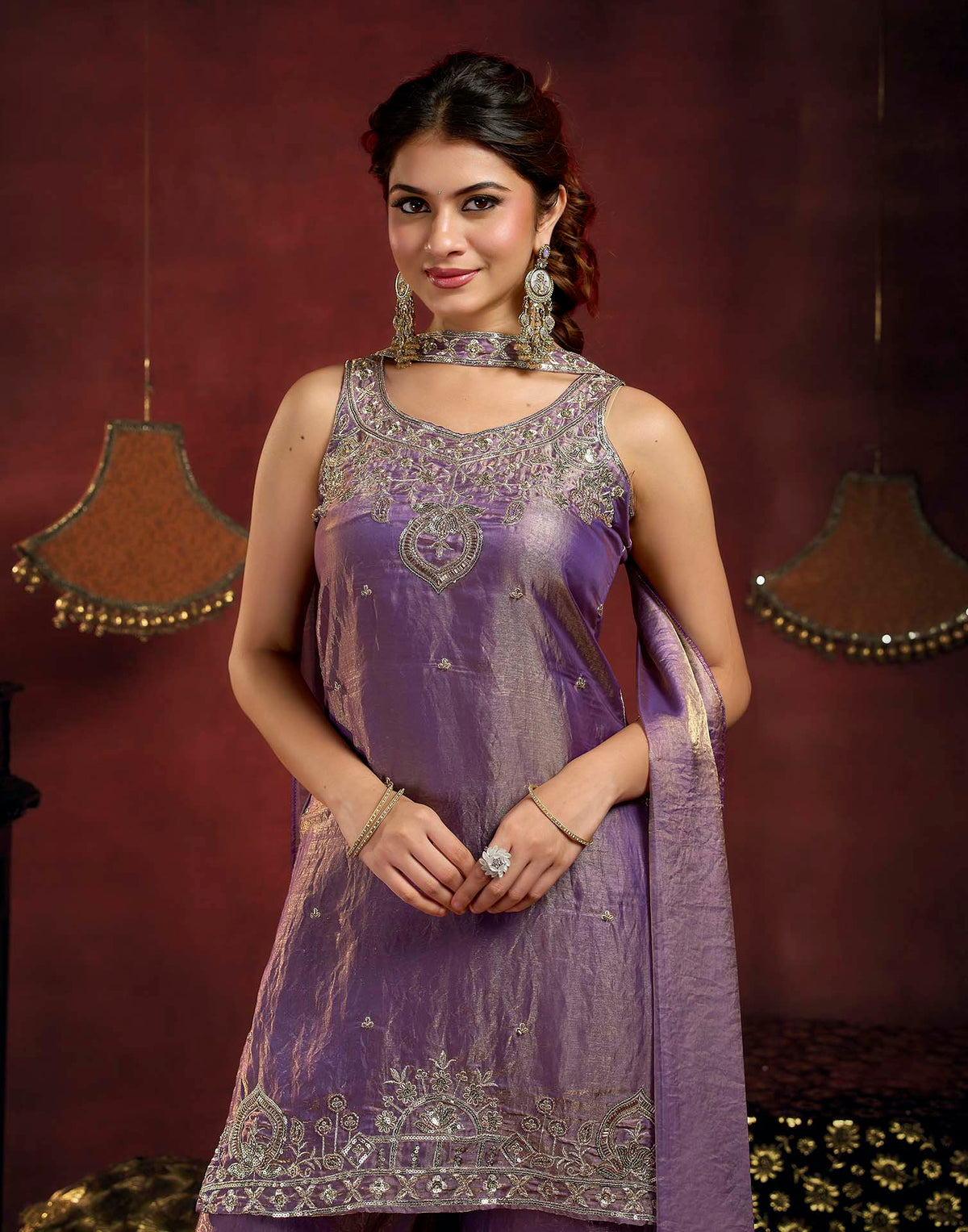 Dusty Purple Fendy Satin Beads Embroidery Flared Sharara Kurta Set With Dupatta