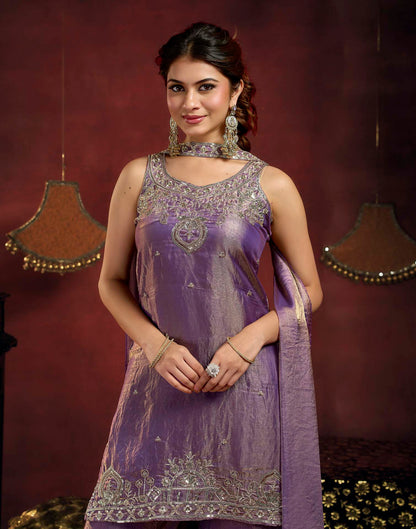 Dusty Purple Fendy Satin Beads Embroidery Flared Sharara Kurta Set With Dupatta