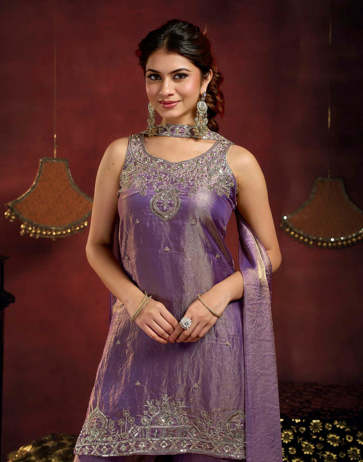 Dusty Purple Fendy Satin Beads Embroidery Flared Sharara Kurta Set With Dupatta
