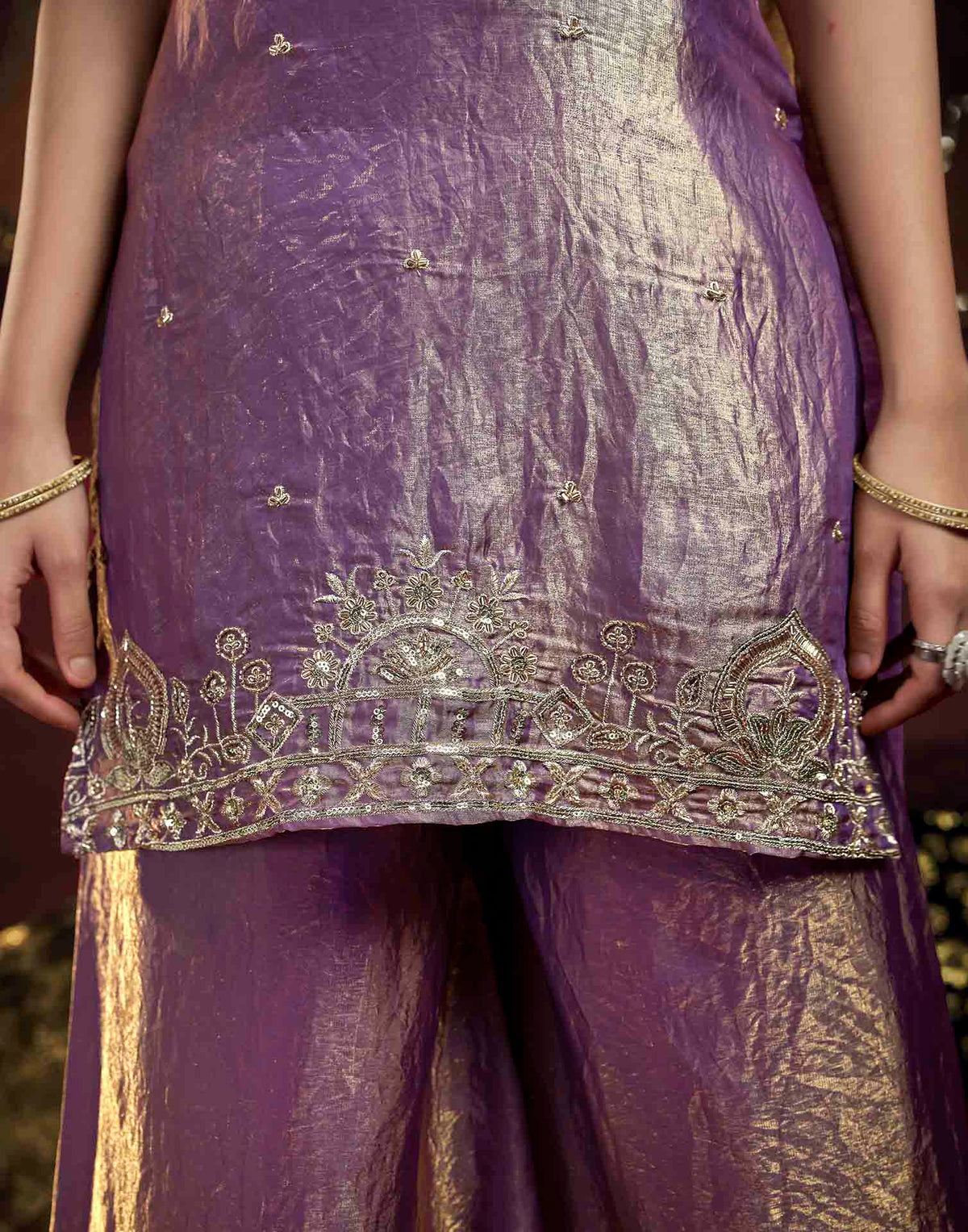 Dusty Purple Fendy Satin Beads Embroidery Flared Sharara Kurta Set With Dupatta