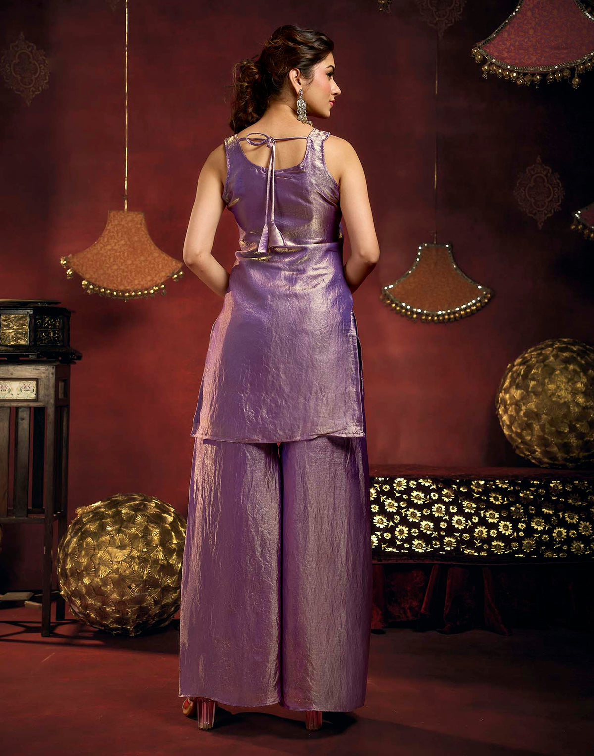 Dusty Purple Fendy Satin Beads Embroidery Flared Sharara Kurta Set With Dupatta