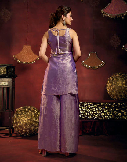 Dusty Purple Fendy Satin Beads Embroidery Flared Sharara Kurta Set With Dupatta