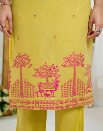 Mustard Yellow Pure Cotton Woven Straight Kurta Set With Dupatta