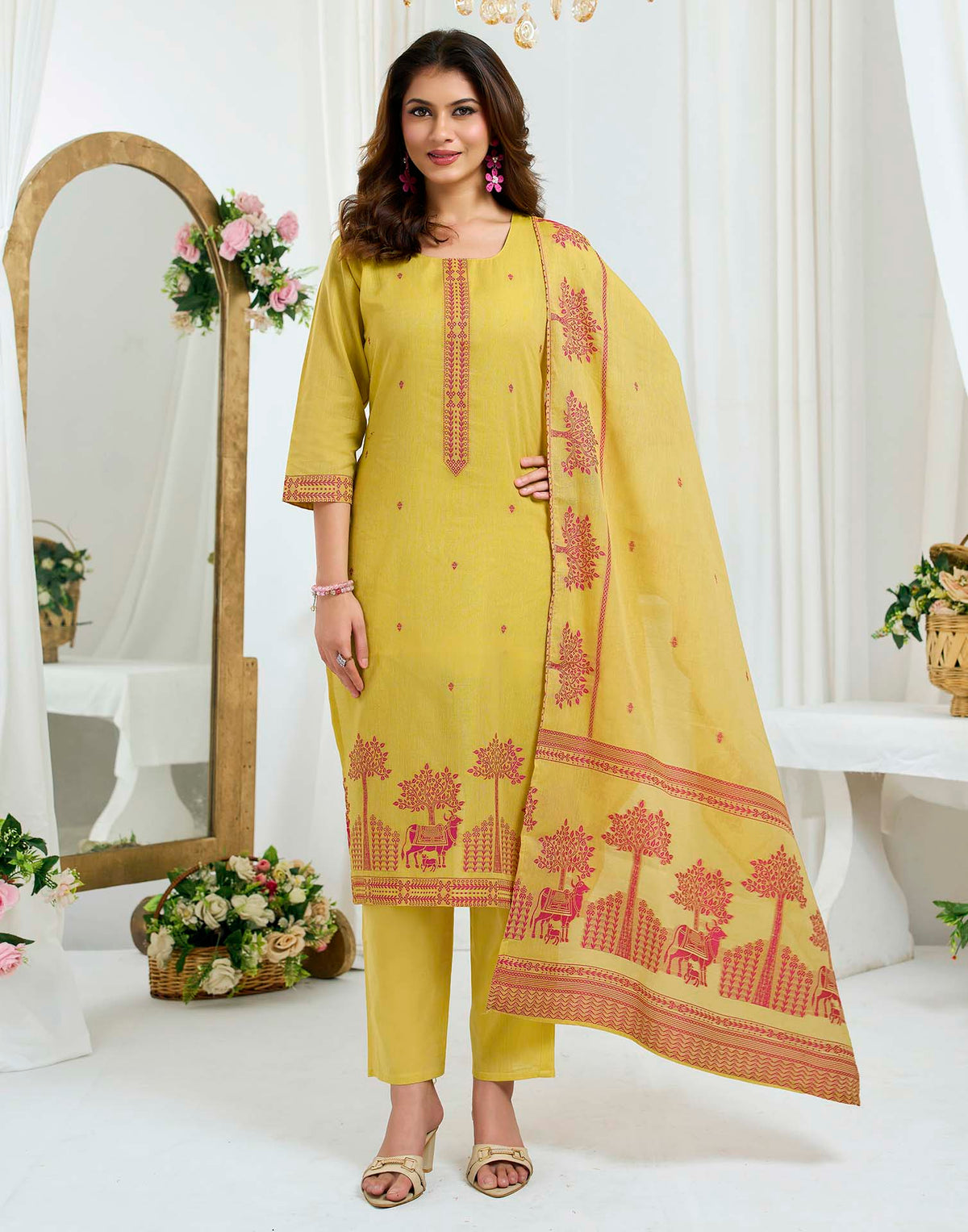Mustard Yellow Pure Cotton Woven Straight Kurta Set With Dupatta