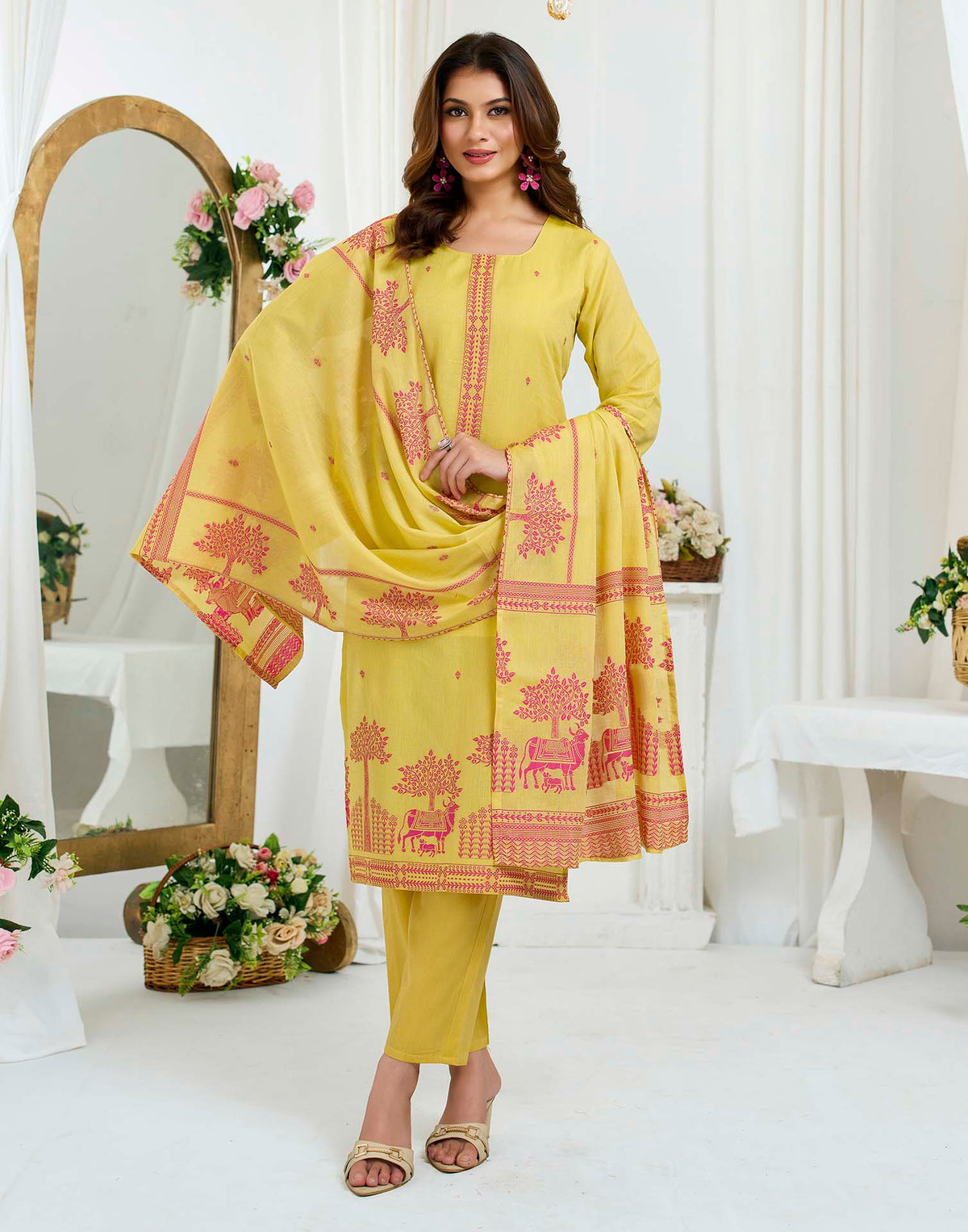 Mustard Yellow Pure Cotton Woven Straight Kurta Set With Dupatta