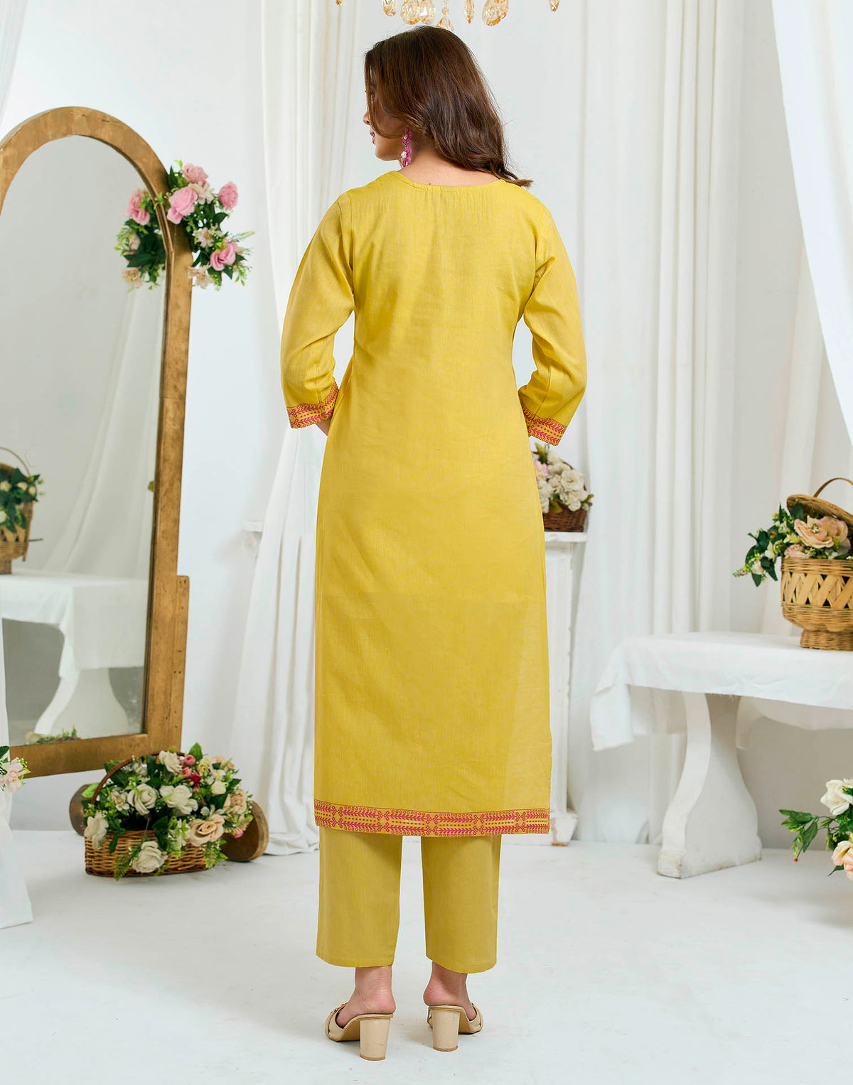 Mustard Yellow Pure Cotton Woven Straight Kurta Set With Dupatta