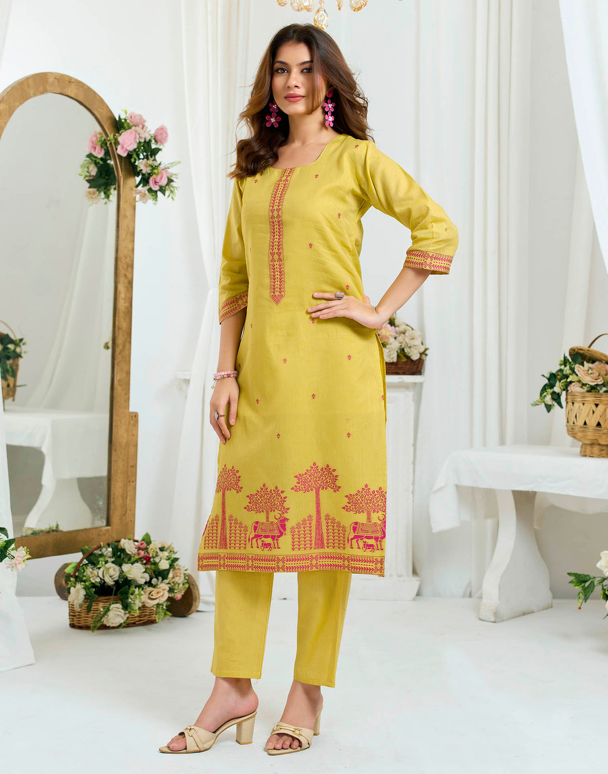 Mustard Yellow Pure Cotton Woven Straight Kurta Set With Dupatta