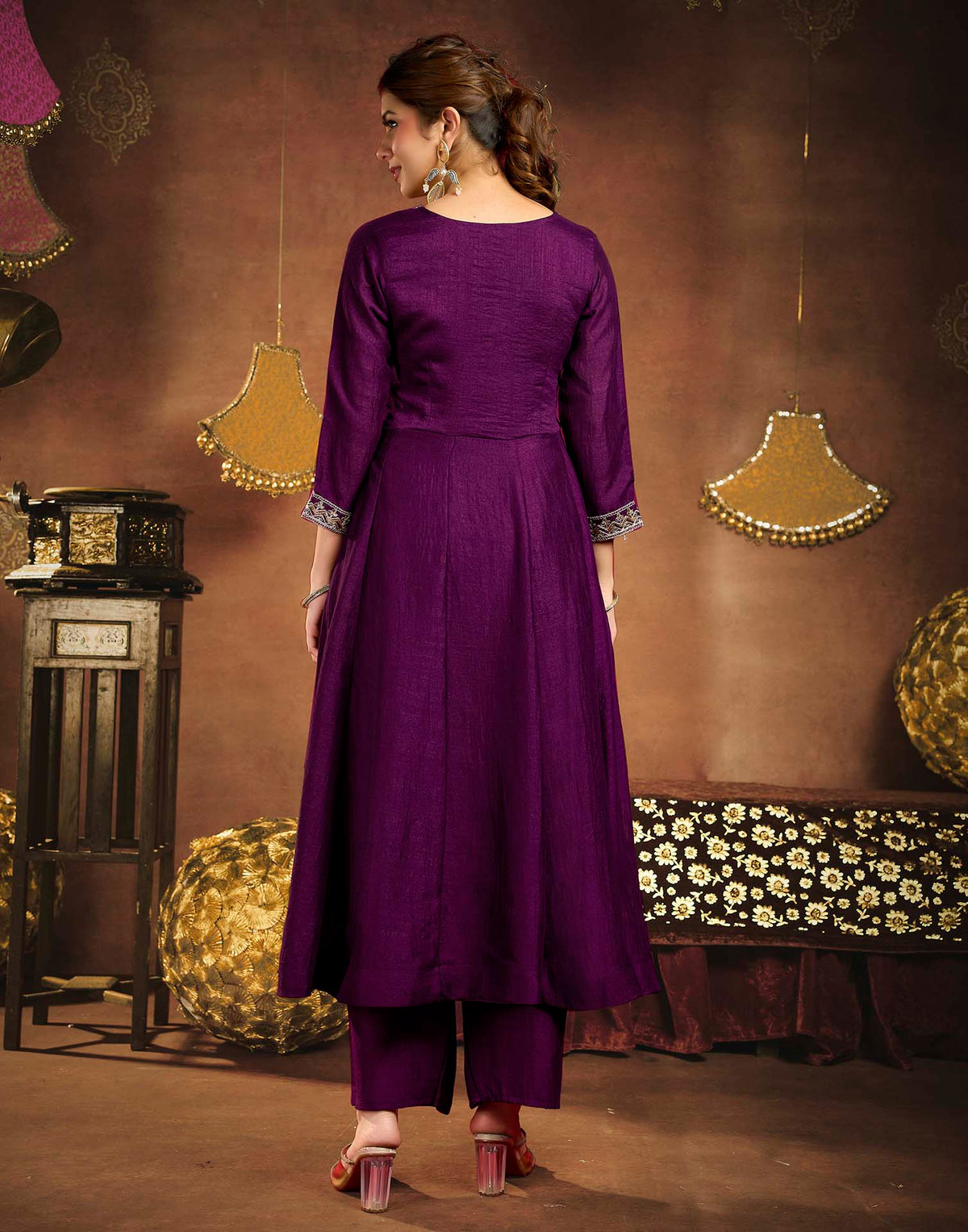 Dark Wine Vichitra Silk Embroidery Anarkali Kurta Set With Dupatta