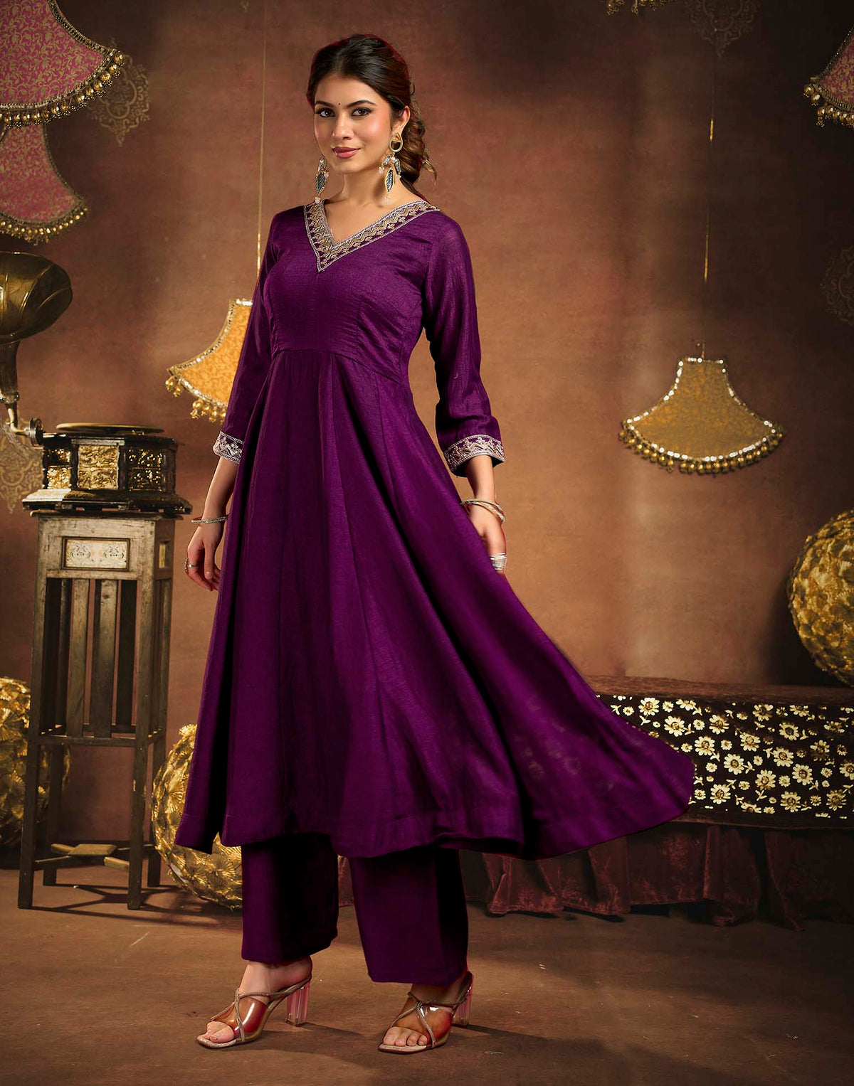 Dark Wine Vichitra Silk Embroidery Anarkali Kurta Set With Dupatta