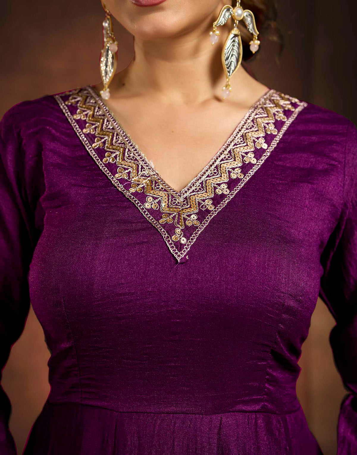 Dark Wine Vichitra Silk Embroidery Anarkali Kurta Set With Dupatta