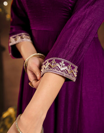 Dark Wine Vichitra Silk Embroidery Anarkali Kurta Set With Dupatta