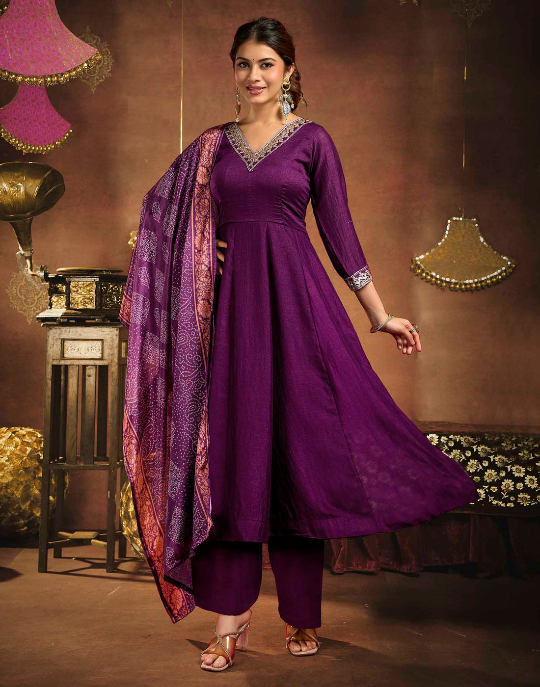 Dark Wine Vichitra Silk Embroidery Anarkali Kurta Set With Dupatta