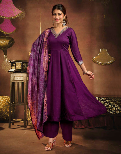 Dark Wine Vichitra Silk Embroidery Anarkali Kurta Set With Dupatta