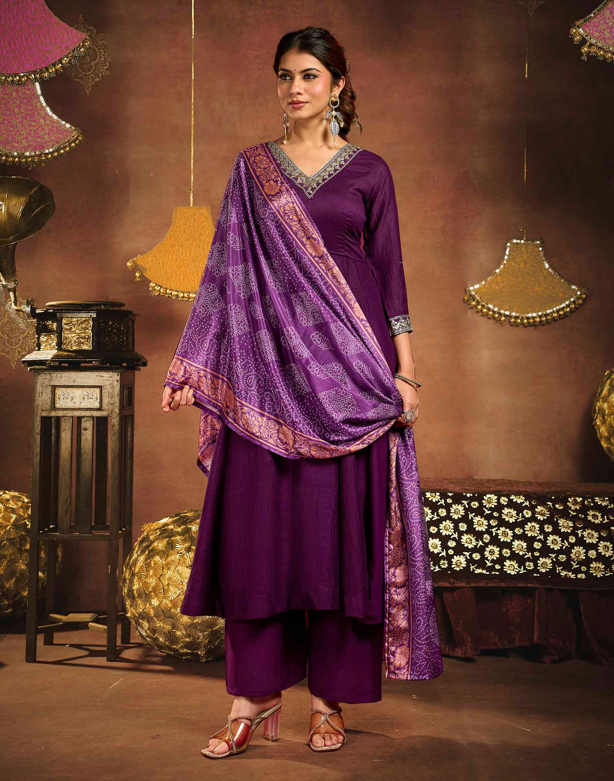 Dark Wine Vichitra Silk Embroidery Anarkali Kurta Set With Dupatta